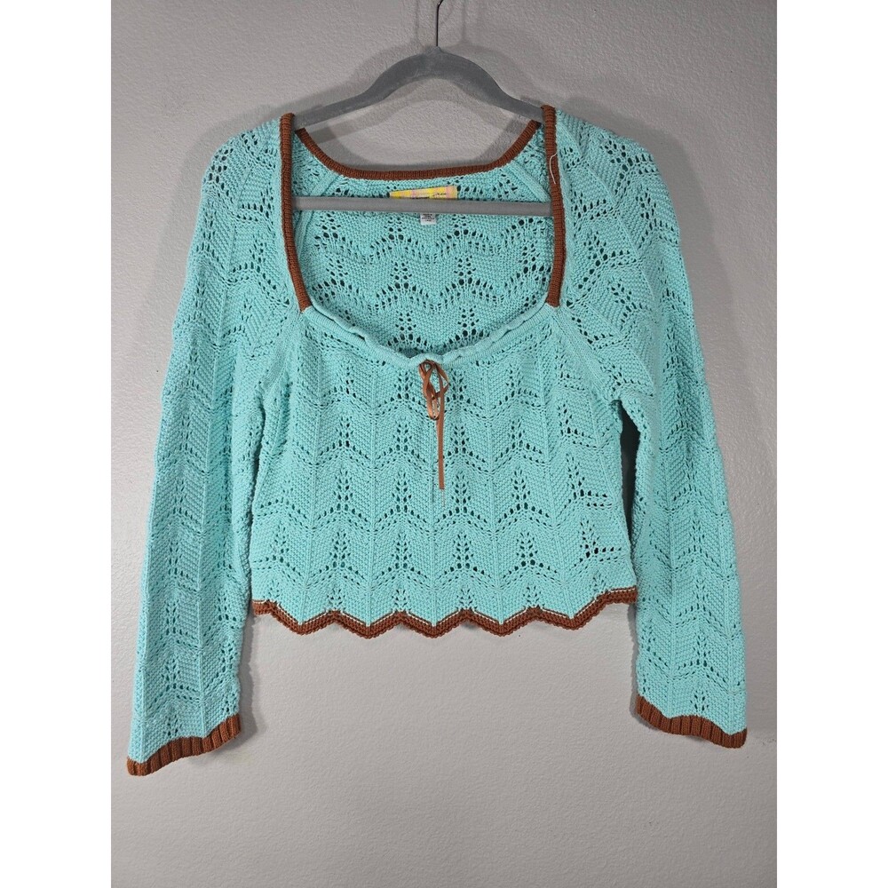 Urban Outfitters Blaire Crochet Crop Sweater Size Large Blue & Brown Boho Y2K AL
